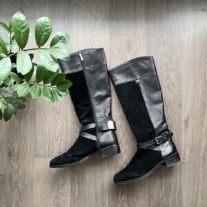 Vince Camuto Black Leather and Suede Flat Boots with Buckle Details